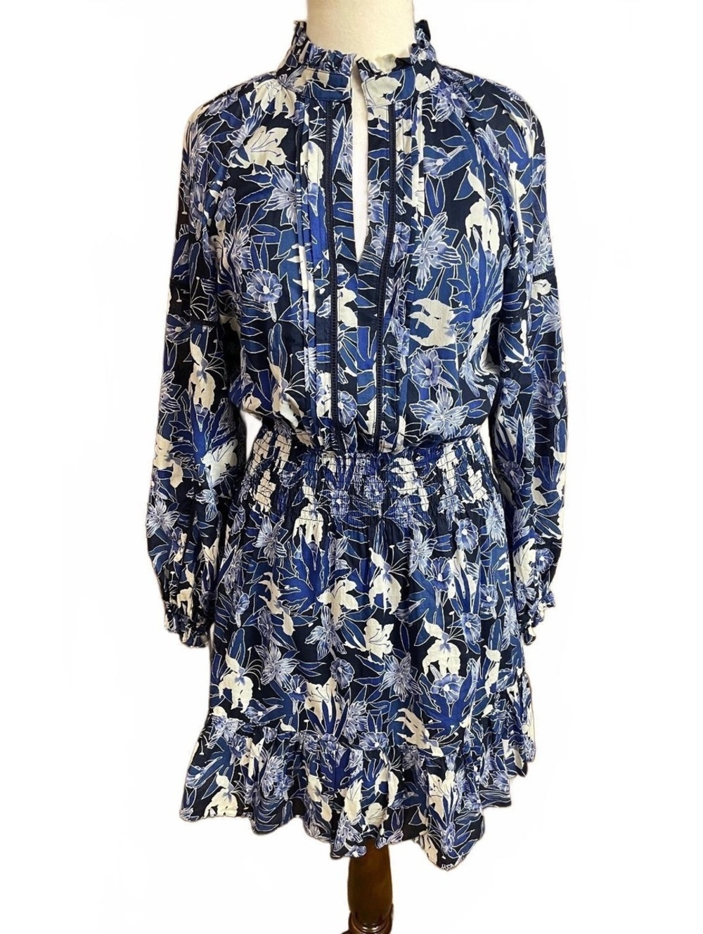 Lauren Ralph Lauren blue & white floral cotton dress, smocked waist 10